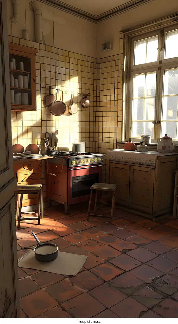 Vintage Kitchen Interior With Red Tile Floor