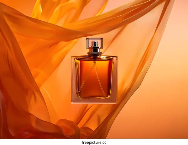 Orange Fabric Background with Perfume Bottle