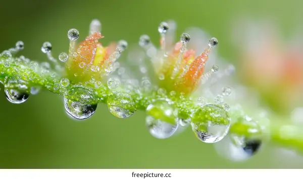 Close-up of Dew Drops on a Plant Stem