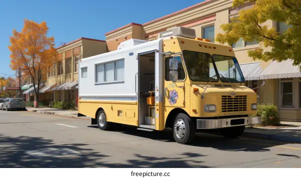 Yellow food truck parked on the side of the road