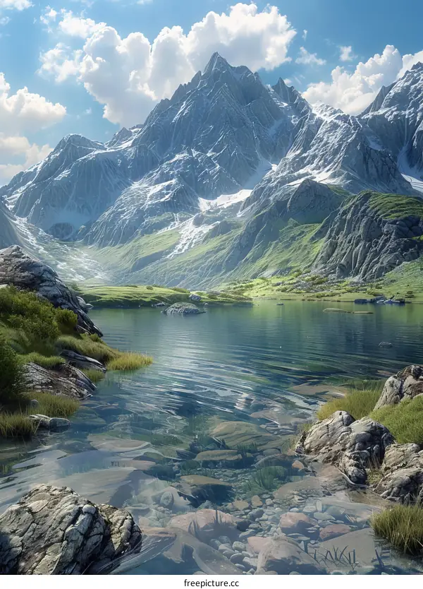 Crystal Clear Mountain Lake with Snow-Capped Peaks