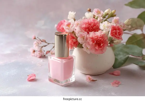 Pink Nail Polish with Spring Flowers