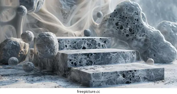 Abstract Gray Stone Steps with Smoke and Bubbles
