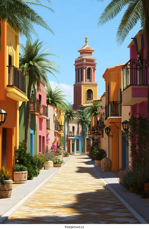 Colorful Mediterranean Street with Palm Trees and a Bell Tower