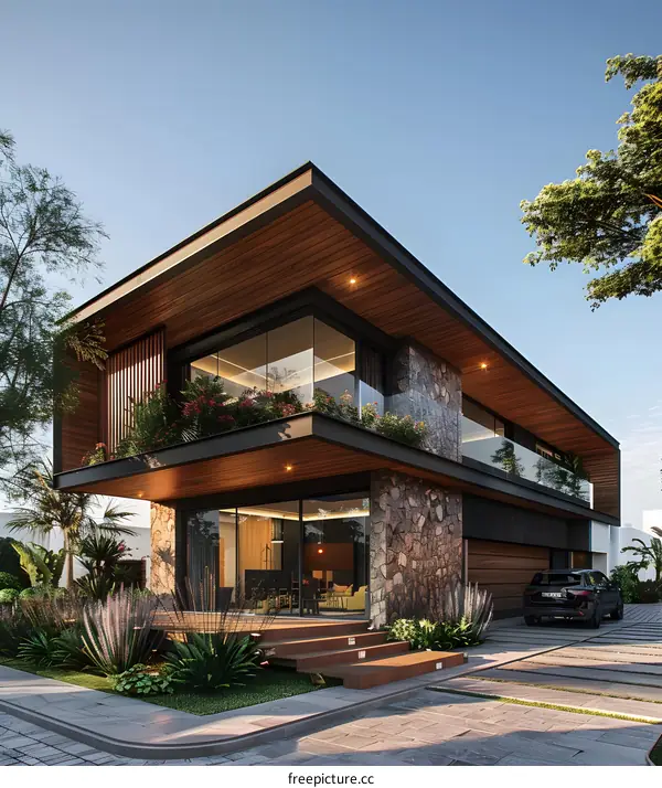 A modern two-story house with a black exterior and a wooden roof