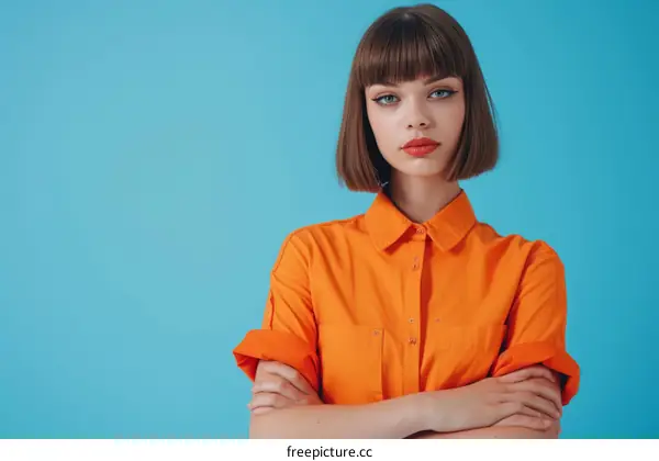 Portrait of a young woman with short brown hair and blue eyes wearing an orange shirt