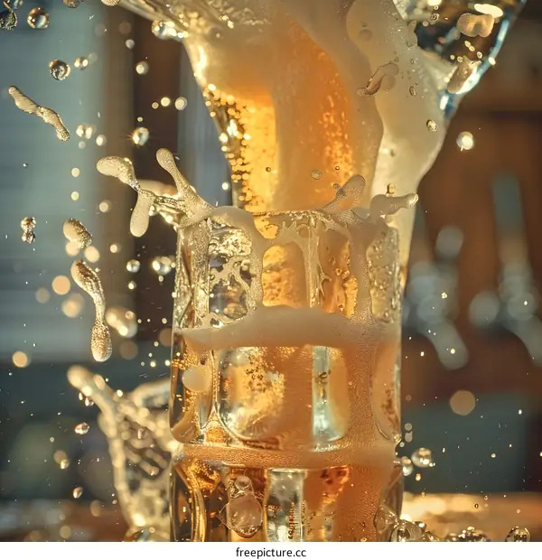 Closeup of Beer Splashing in a Glass