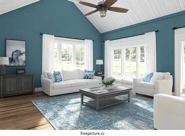 Living Room Interior Design with Blue Walls and White Furniture