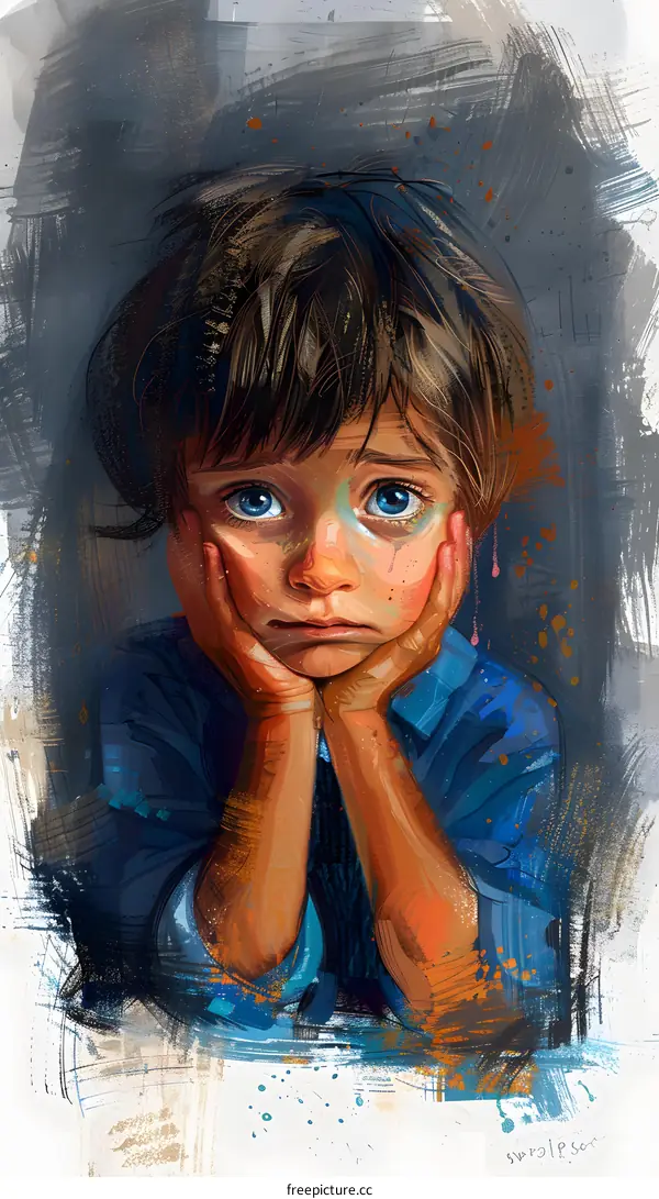 A painting of a young boy with big blue eyes and brown hair