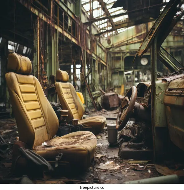 Rusty Car Seats in Abandoned Industrial Factory
