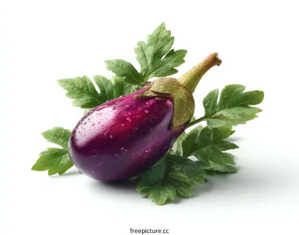 Fresh Purple Eggplant with Green Parsley Leaves on White Background