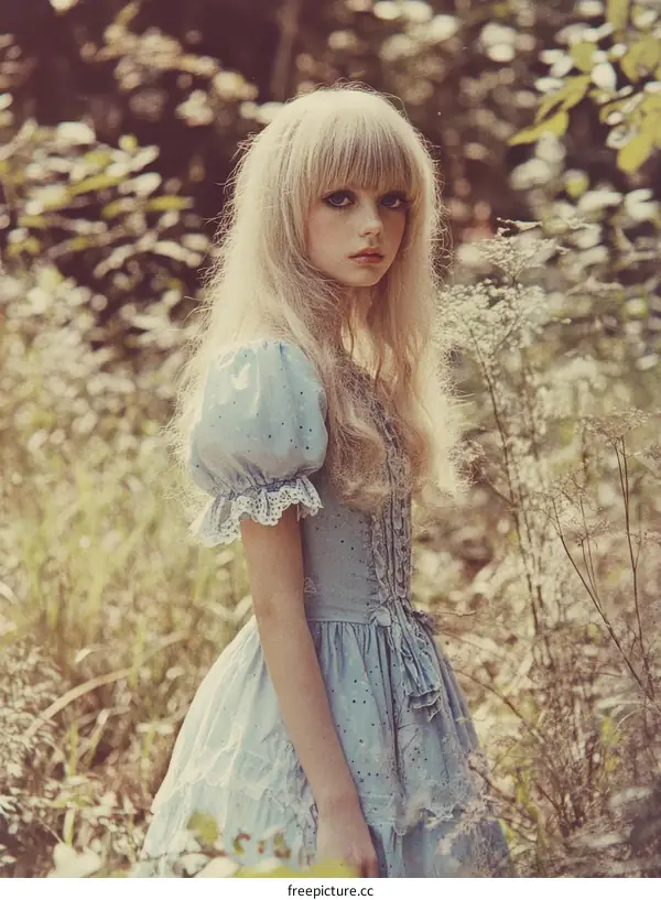 A Vintage-Inspired Girl in a Light Blue Dress