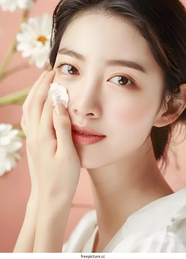 Beautiful Woman with Clean Skin Applying Facial Cream