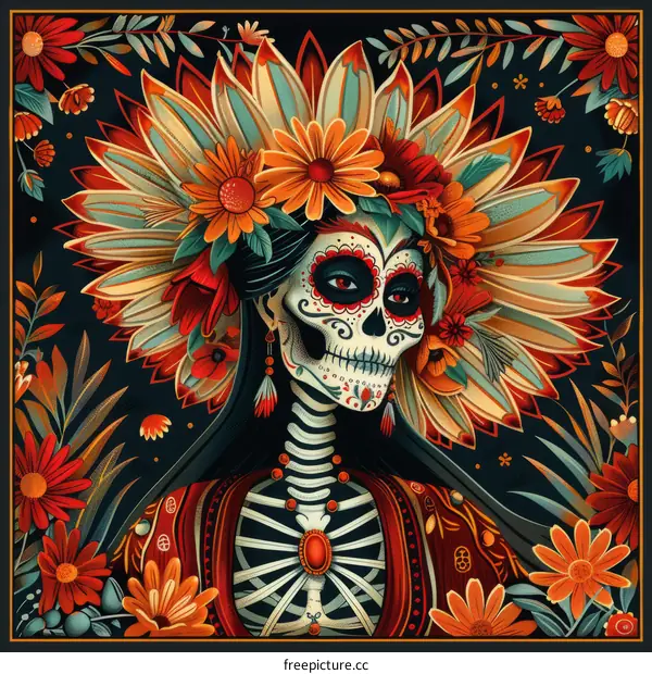 Floral Skull Portrait with Red Background