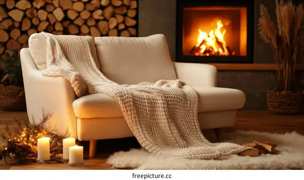 Cozy Living Room by the Fireplace with Knitted Throw