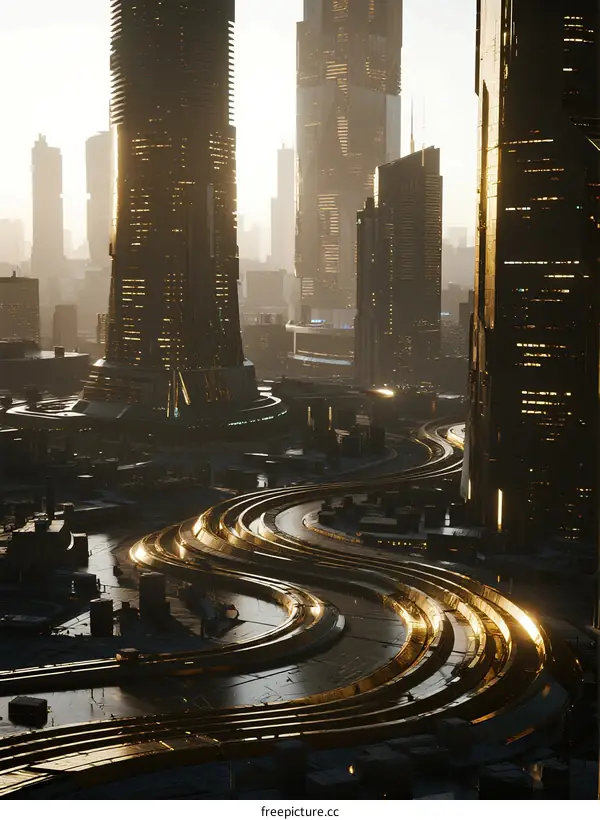 Futuristic Cityscape with Elevated Highways and Tall Buildings at Sunset
