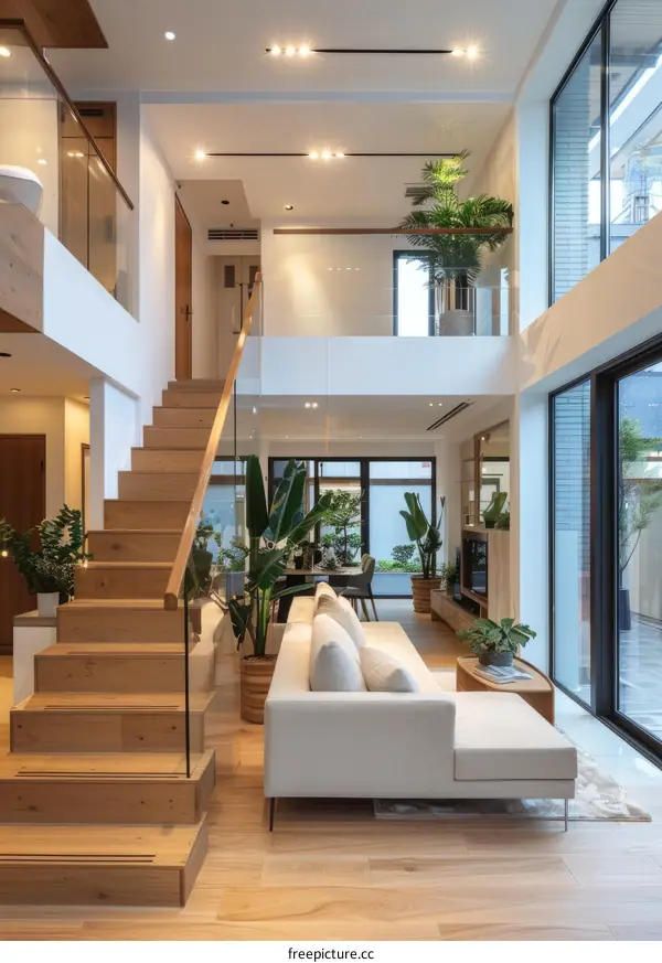 Modern Living Room with Staircase and Large Window