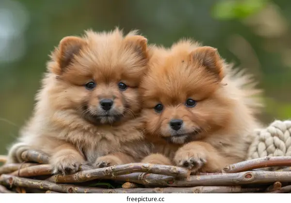 Two fluffy brown Pomeranian puppies in a basket