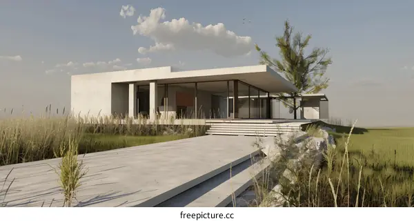 Modern Concrete House with Grass and Trees
