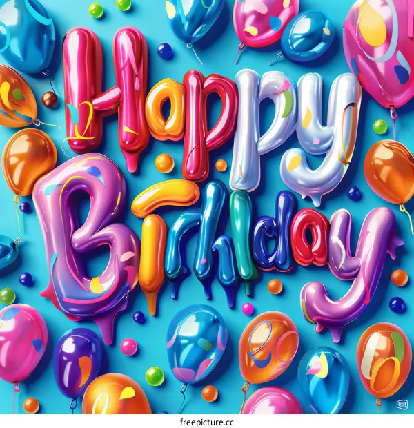 Celebratory Birthday Illustration with 3D Effect Text and Vibrant Balloons