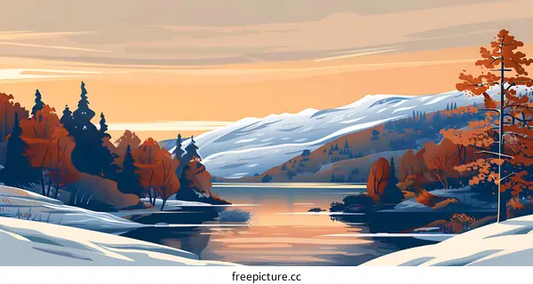 Winter Landscape with Mountains and Lake