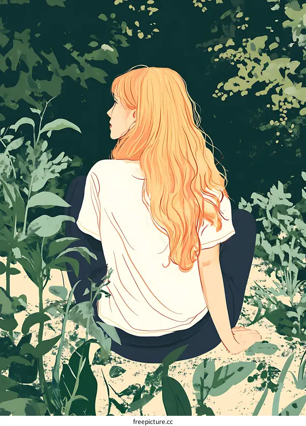 Young Woman With Long Blonde Hair Sitting in a Green Forest