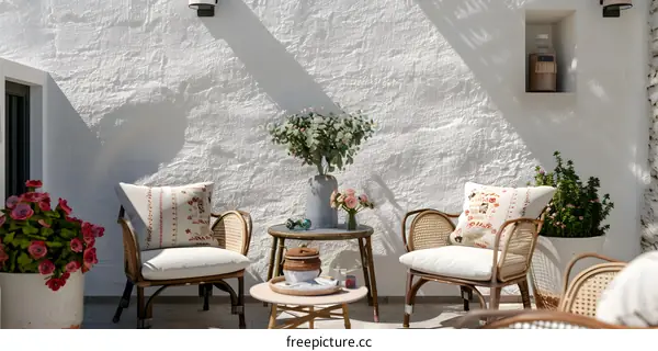 White Wall Patio With Wicker Chairs and Flowers