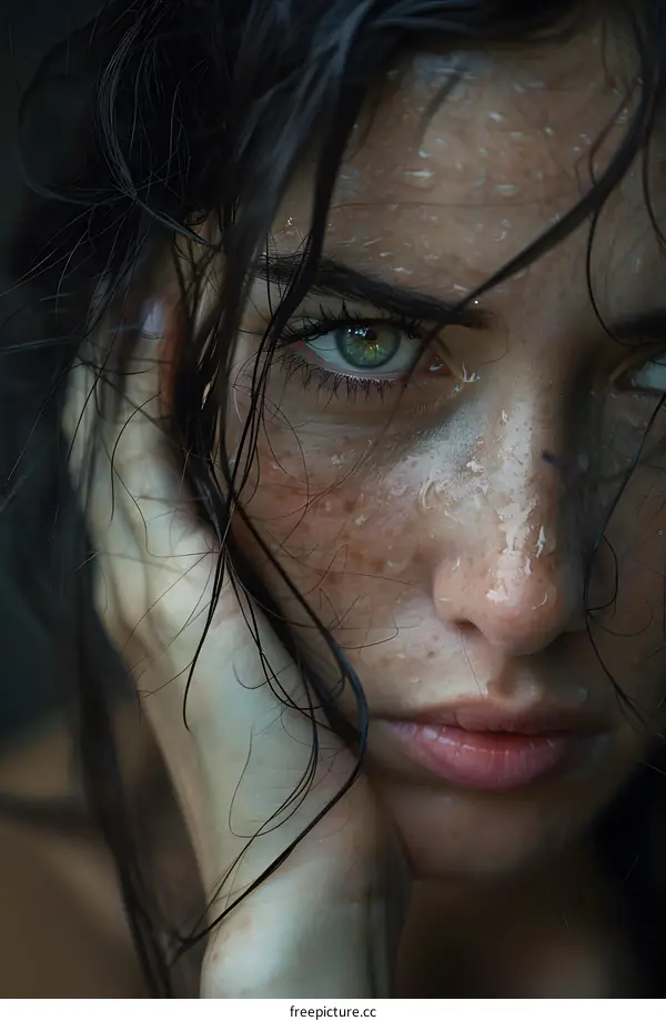 Portrait of a young woman with wet hair and freckles