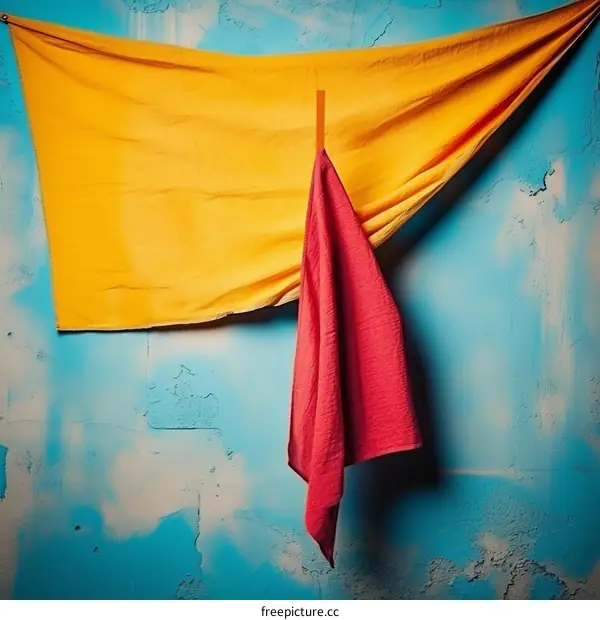 Two towels hanging on a blue wall