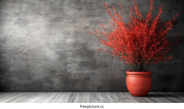 Red Plant in a Terracotta Pot Against a Gray Textured Wall