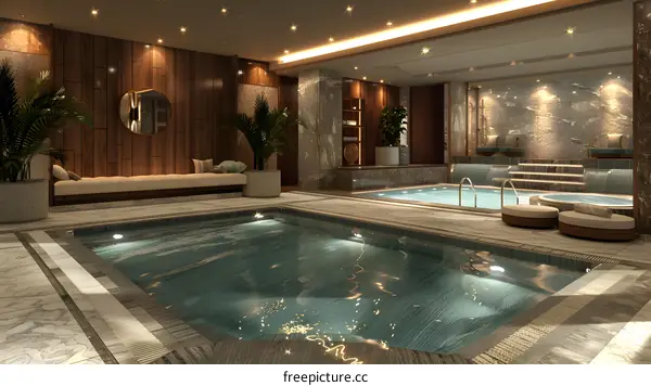 indoor swimming pool with marble floor and wooden wall