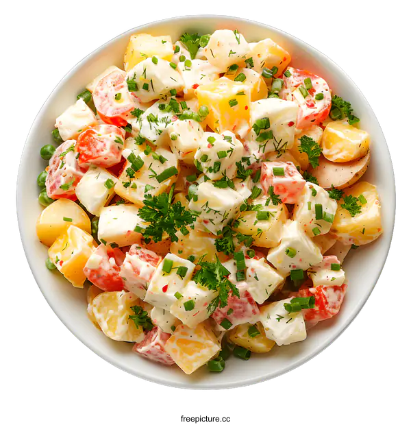 [Transparent Background PNG]Potato salad with mayonnaise, chives and parsley in bowl
