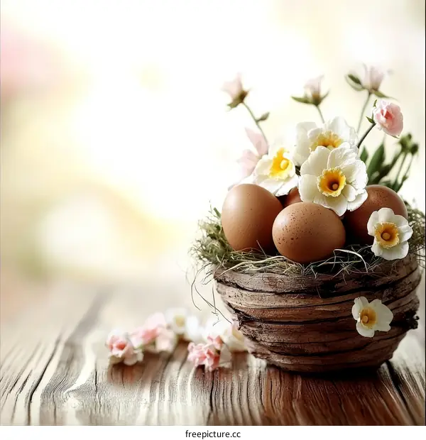 Easter eggs and flowers in a nest basket