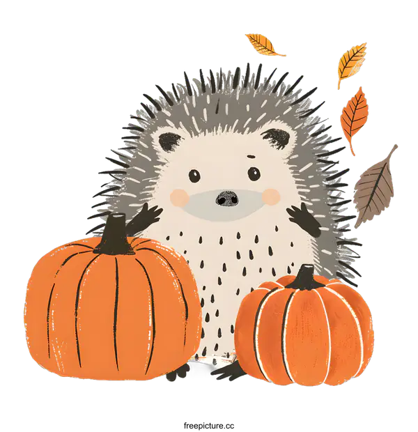 [Transparent Background PNG]Cute Hedgehog with Pumpkins and Autumn Leaves Illustration