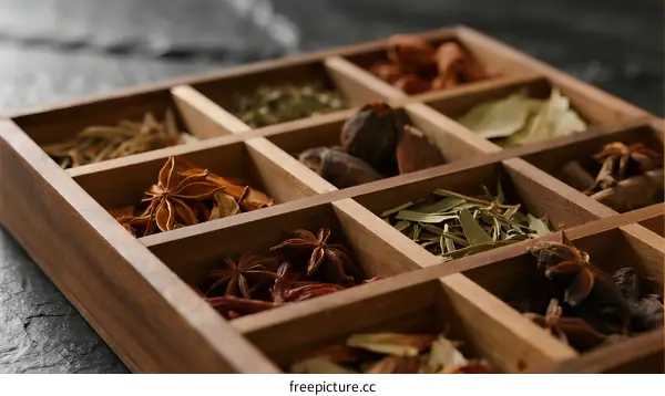 A wooden spice rack filled with various dried herbs and spices