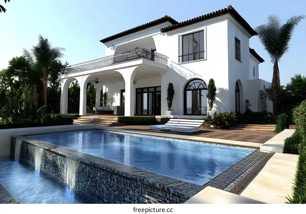 Modern White Villa with Swimming Pool and Waterfall