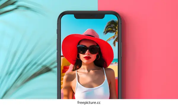 Woman in a Red Hat on a Phone Screen