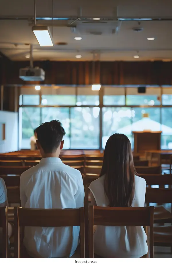 Two People Sitting on Chairs in a Large Room with a Projector