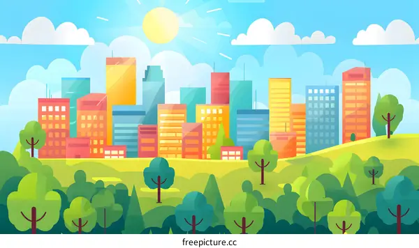 Cityscape with Green Trees and Blue Sky Illustration