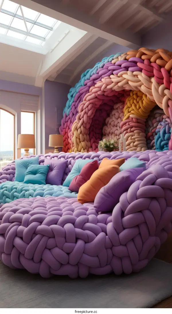 A colorful yarn sculpture resembling a cozy cave