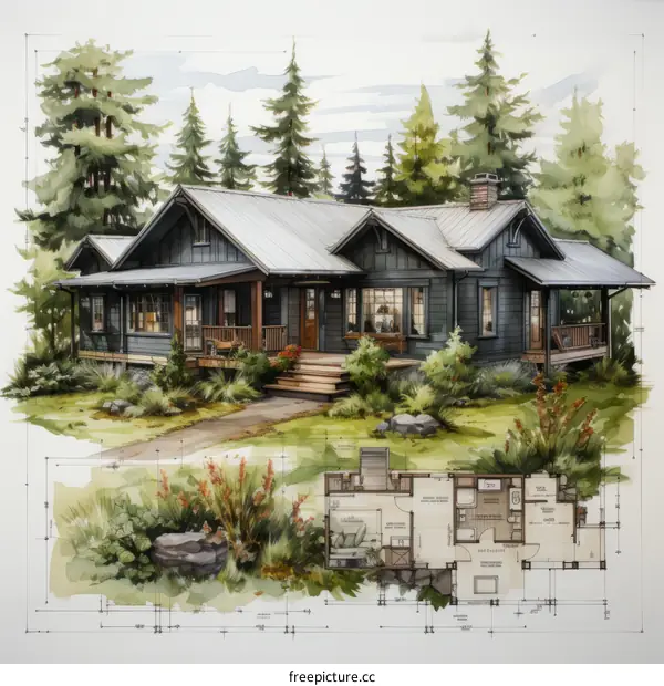 house plan of a modern cabin in the woods