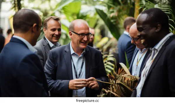 A group of business people are networking at a conference.