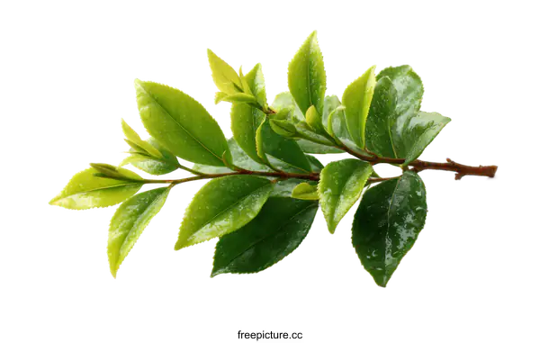 [Transparent Background PNG]Fresh Green Tea Leaves Branch Close-up