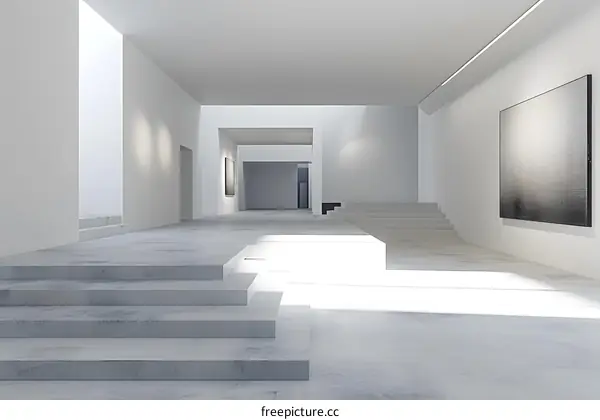 Modern Minimalist White Gallery Interior with Stairs and Artwork