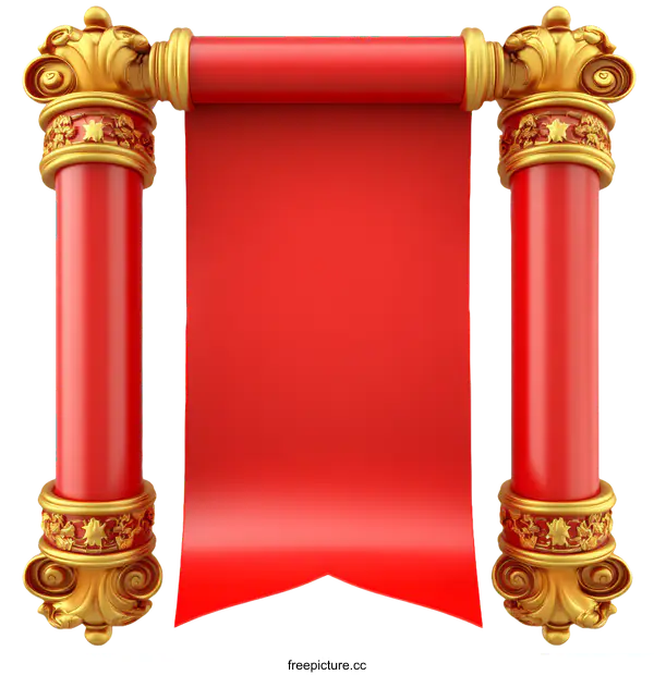 [Transparent Background PNG]Gold Decorated Red Scroll Banner Between Columns