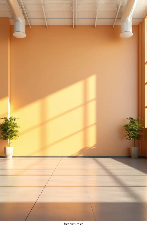 Bright sunlit empty room with tiled floor and potted plants