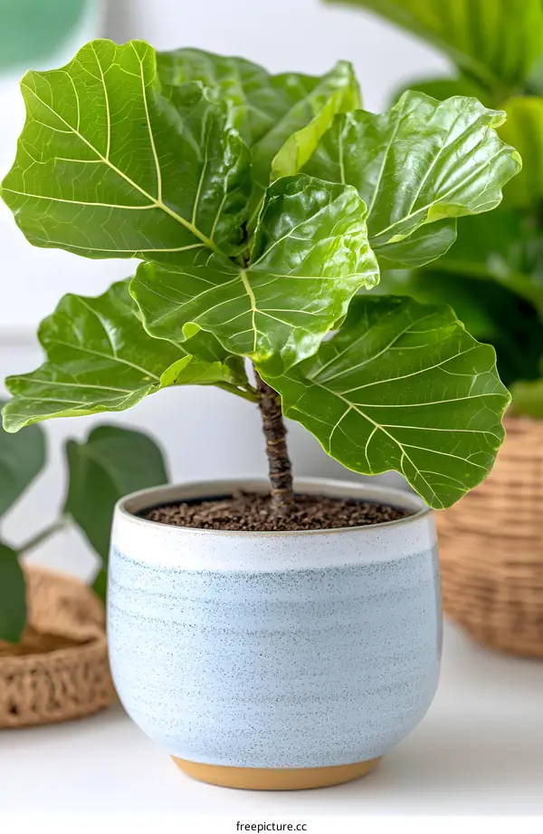 Fiddle Leaf Fig Plant In A Blue Pot