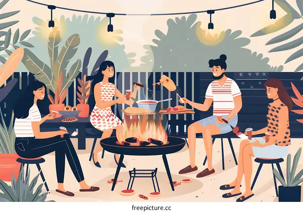 Friends Enjoying Outdoor Barbecue Party With Food And Drinks