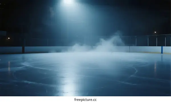 Foggy ice rink under bright lights at night for sports activities