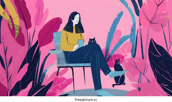 Woman with two cats sitting in a chair surrounded by plants